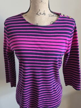 Lauren Ralph Lauren Pink & Dark Navy Stripes Round Neck Top